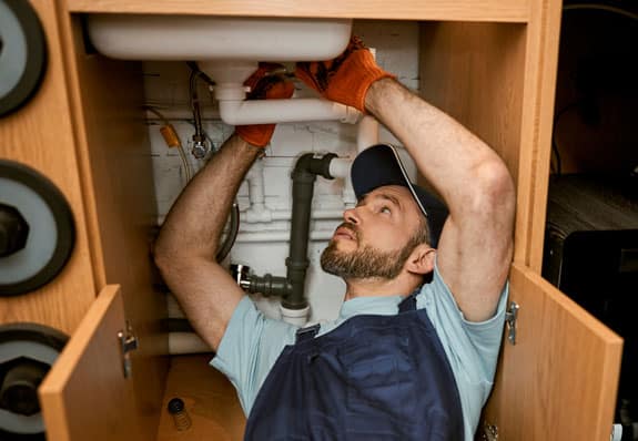 Profesional de Rossel Multiservicios reparando la fontanería bajo un fregadero