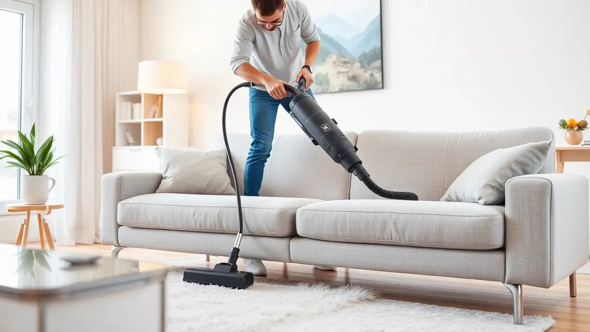 Neteja i aspirat professional d'un sofà de tela en una sala d'estar