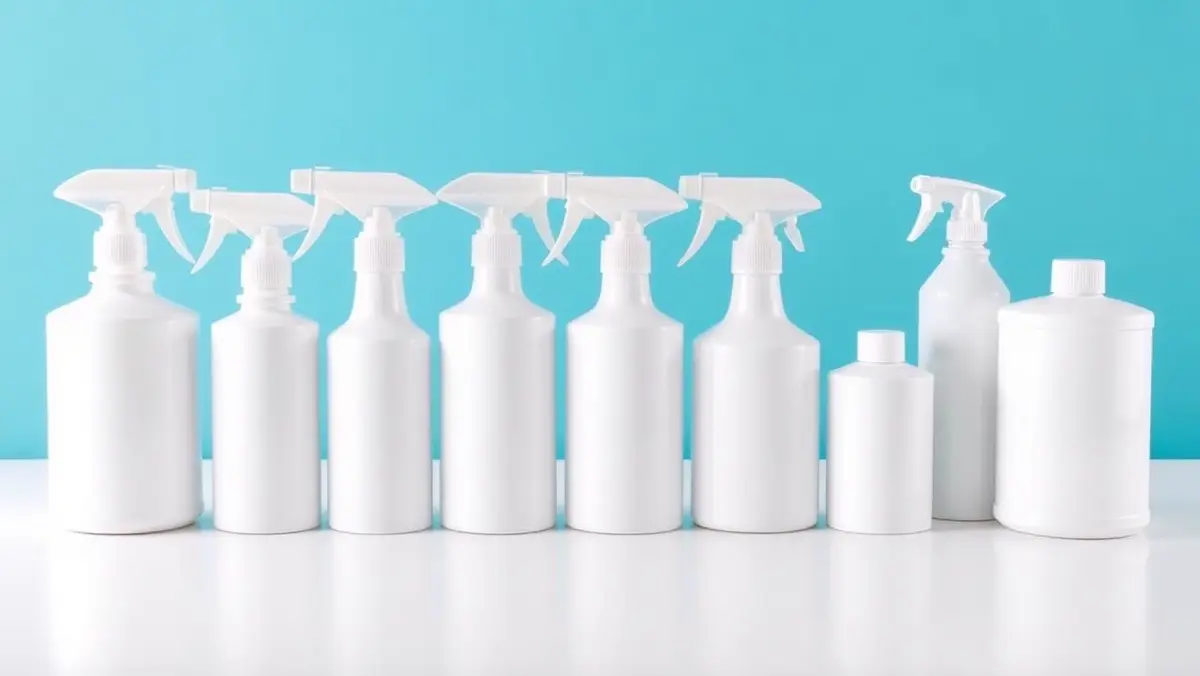 Productes de neteja professionals alineats sobre una superfície blanca